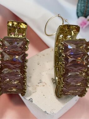 Gold Hoop Earrings with Pink Crystal Accents